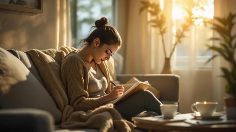 A fatigued person resting in a cozy room, symbolizing low energy and mitochondrial dysfunction.