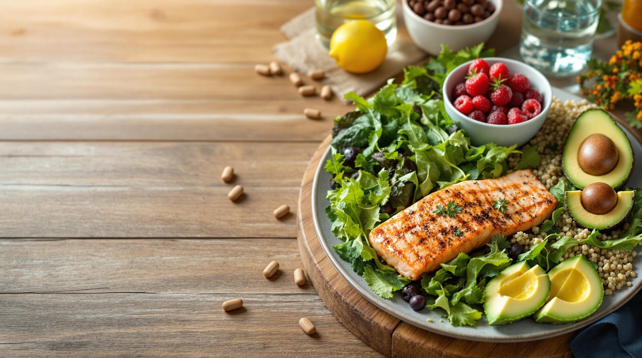 A nutrient-rich meal including protein, healthy fats, and complex carbs.