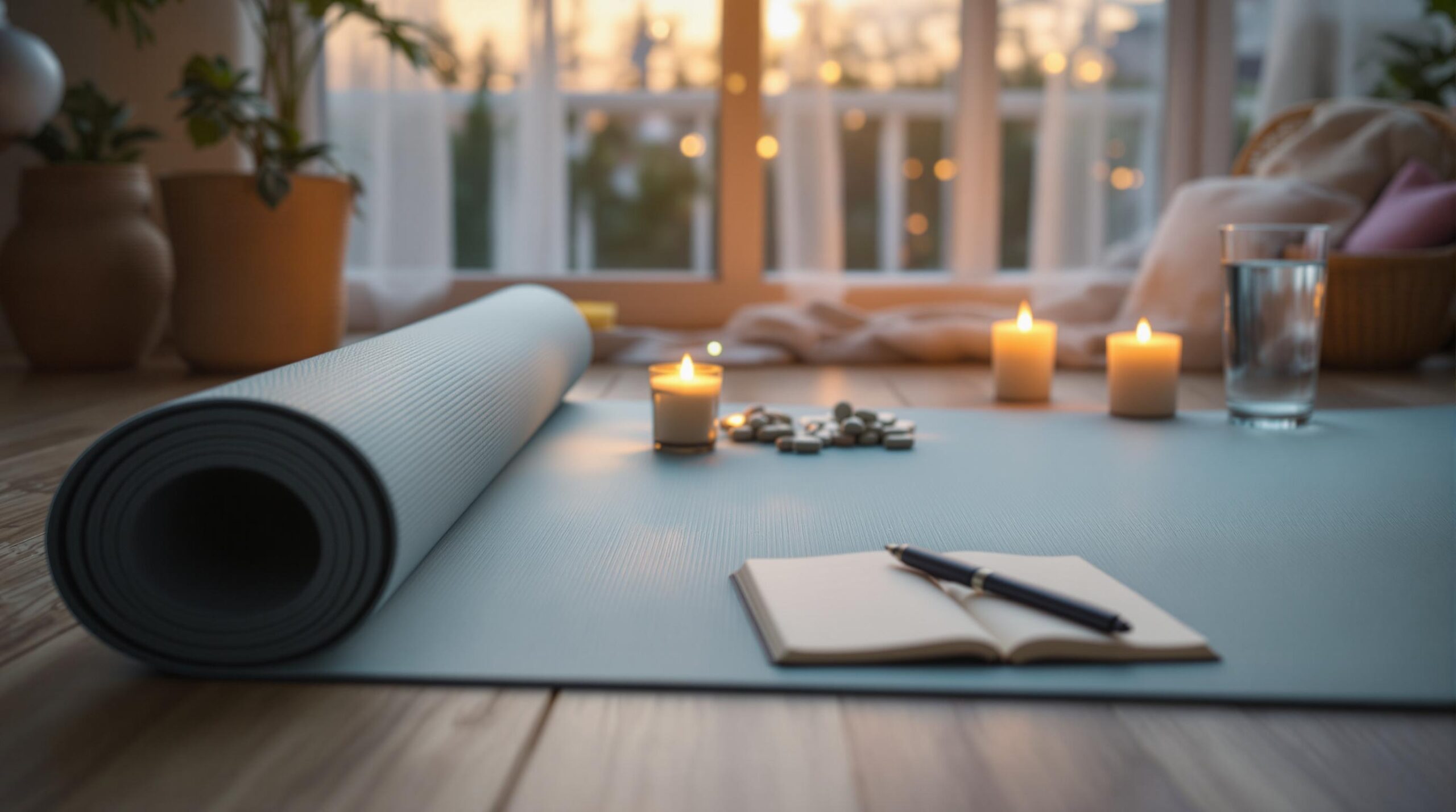 A peaceful home space with a yoga mat, journal, and water glass in evening light.
