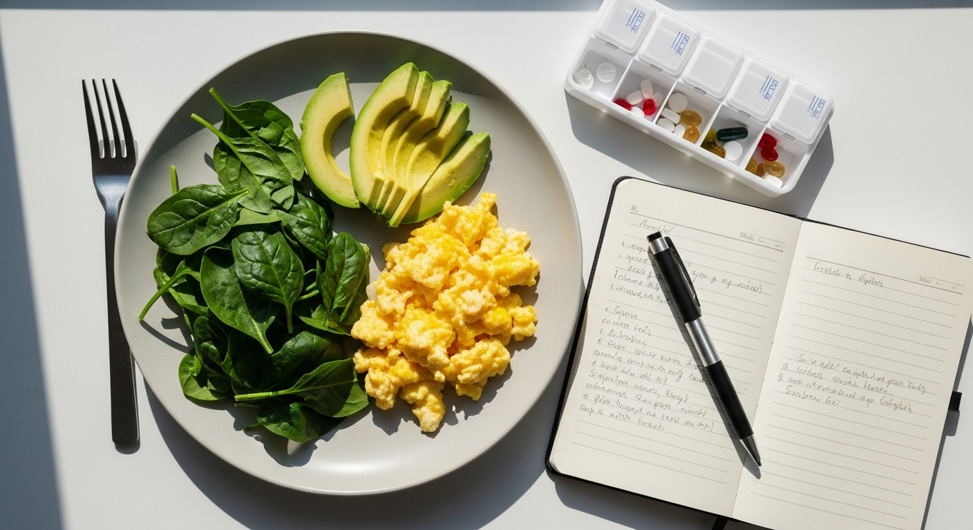 Simple supplement stack beside a real breakfast