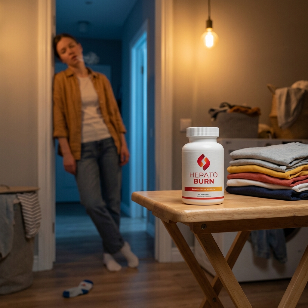 HepatoBurn bottle in focus on a folding table at night