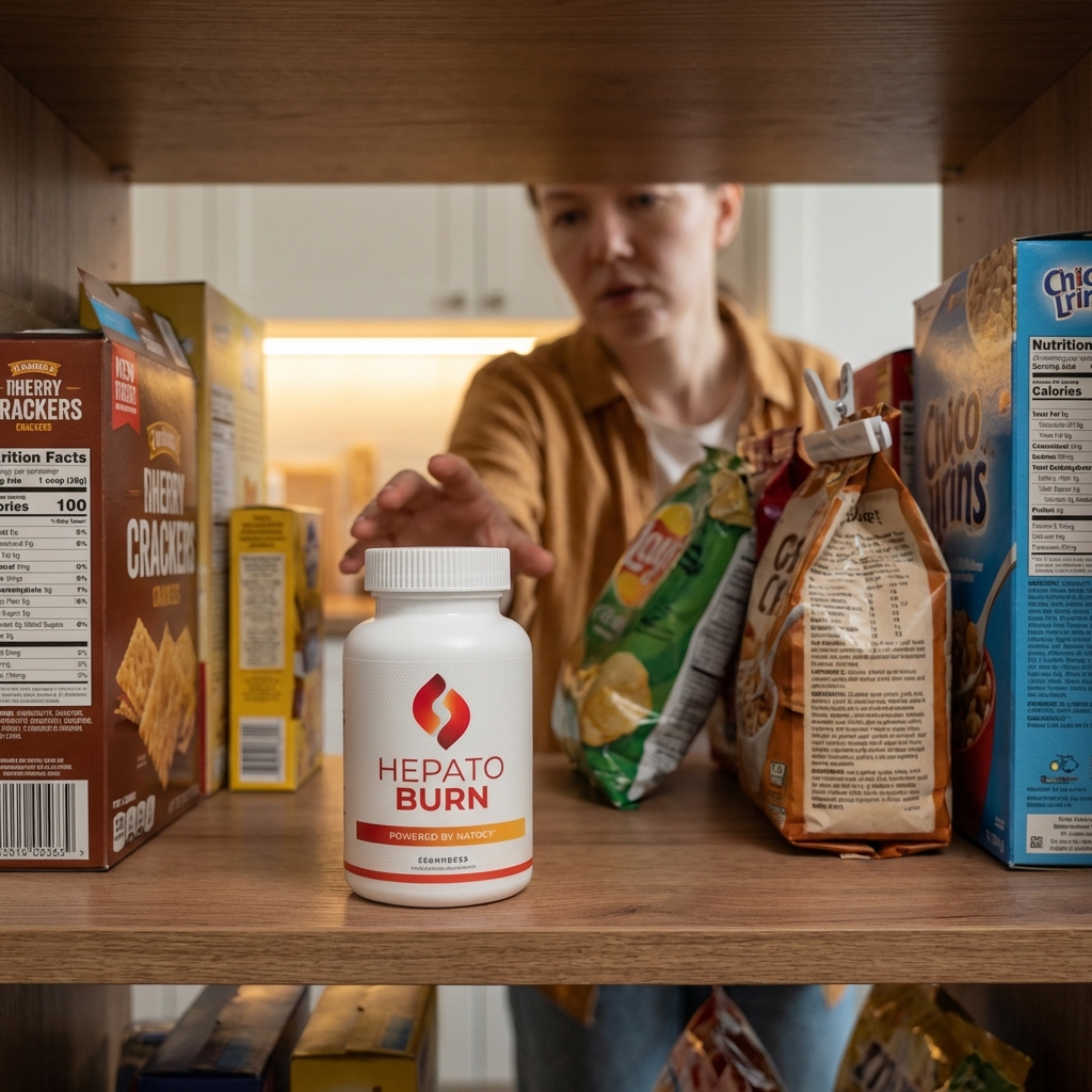HepatoBurn bottle in focus near an open pantry