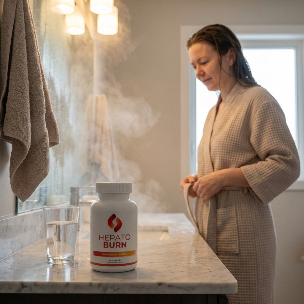 HepatoBurn bottle in sharp focus on a bathroom counter beside water