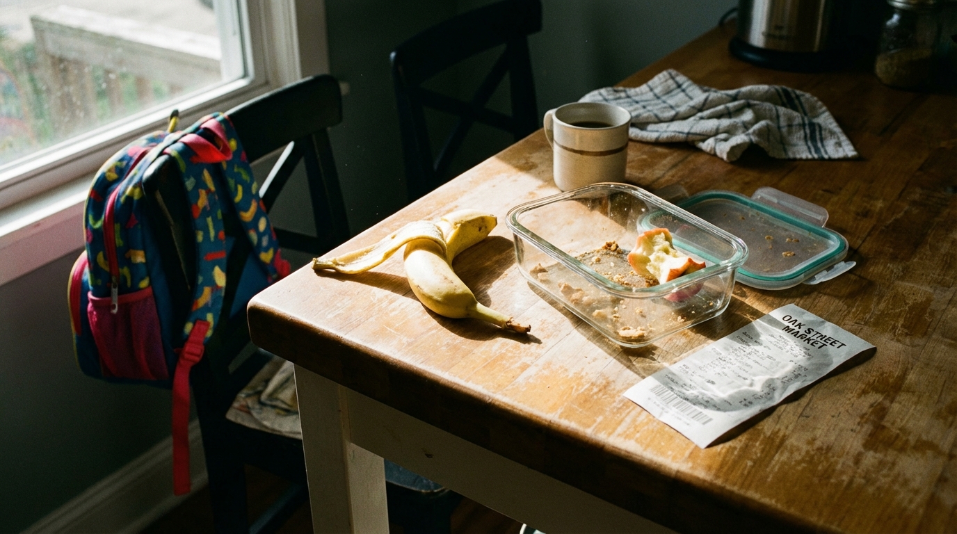 Lived-in kitchen counter showing a busy morning setup