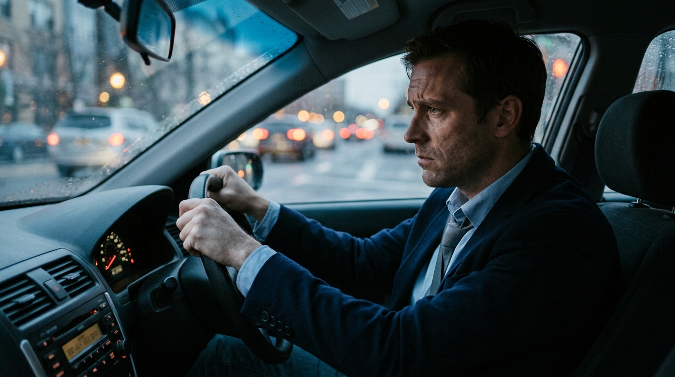 stressed man in car after work day