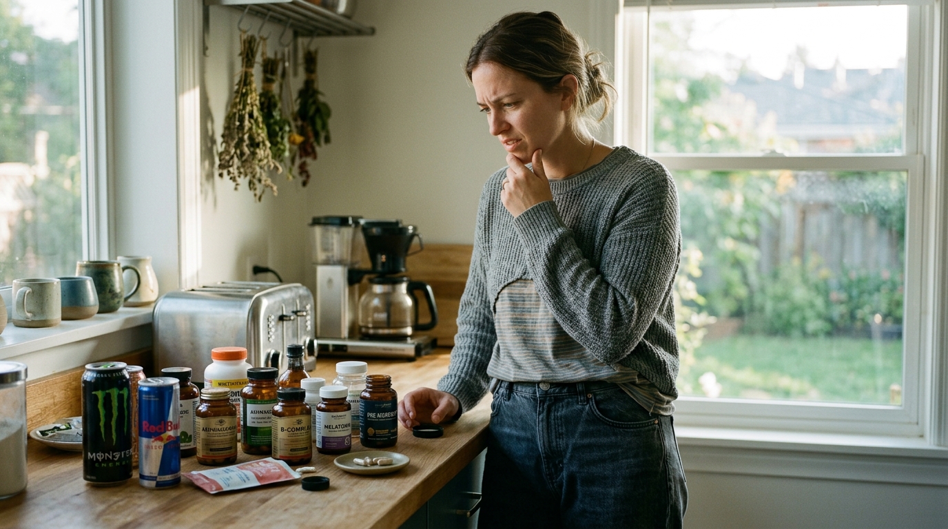 woman examining various energy supplements with skepticism