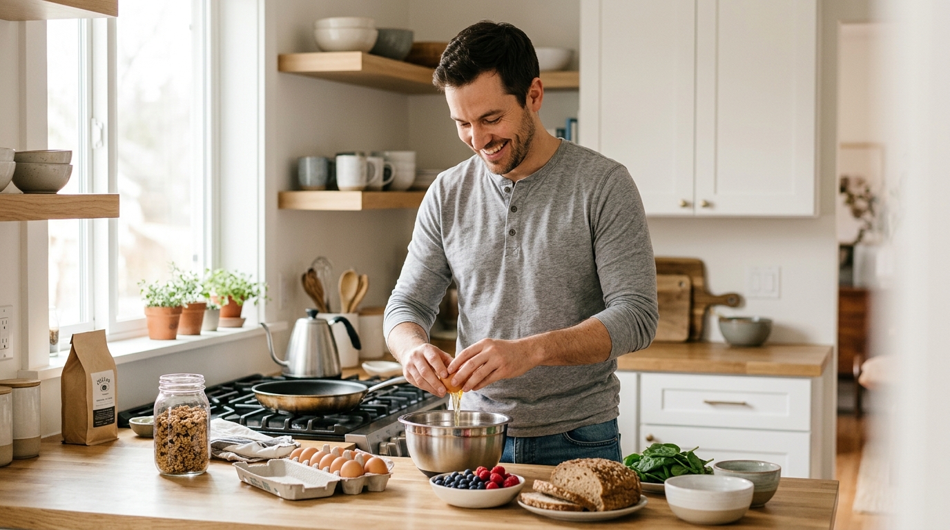 energetic man preparing healthy breakfast in bright kitchen