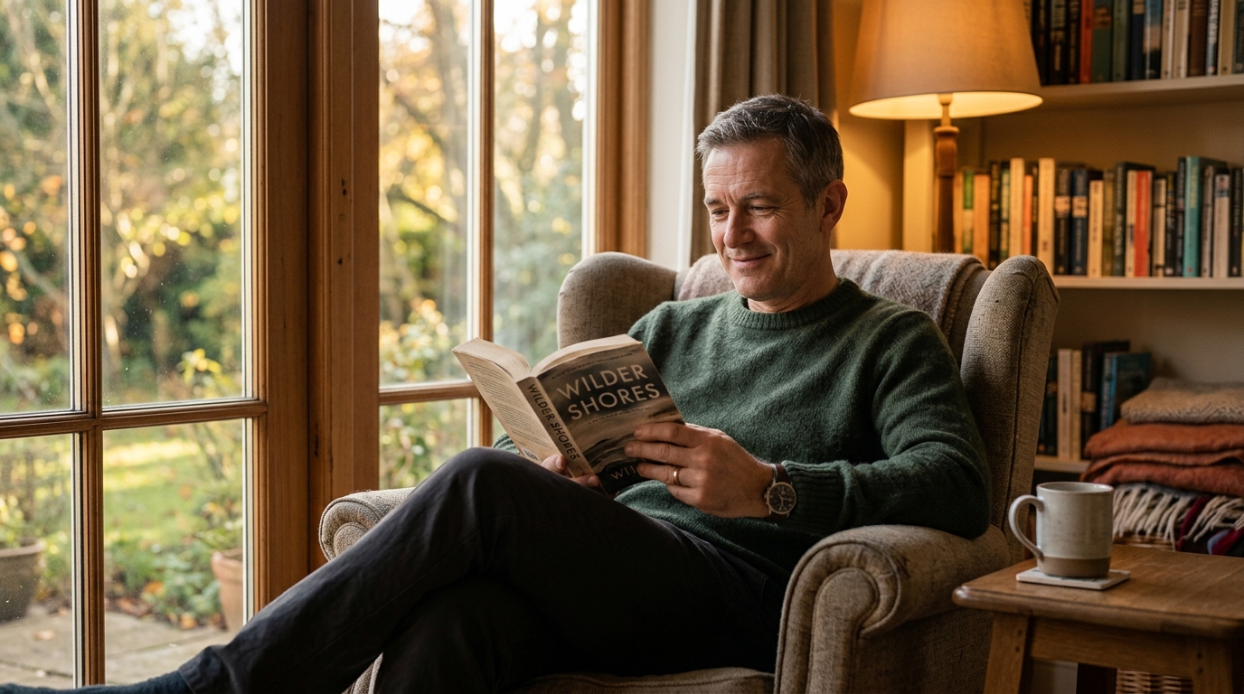 man reading peacefully by window in natural light