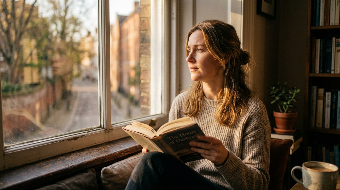 woman having thoughtful moment while reading by window