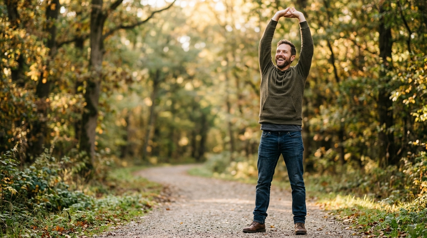 man stretching with genuine energy and vitality outdoors