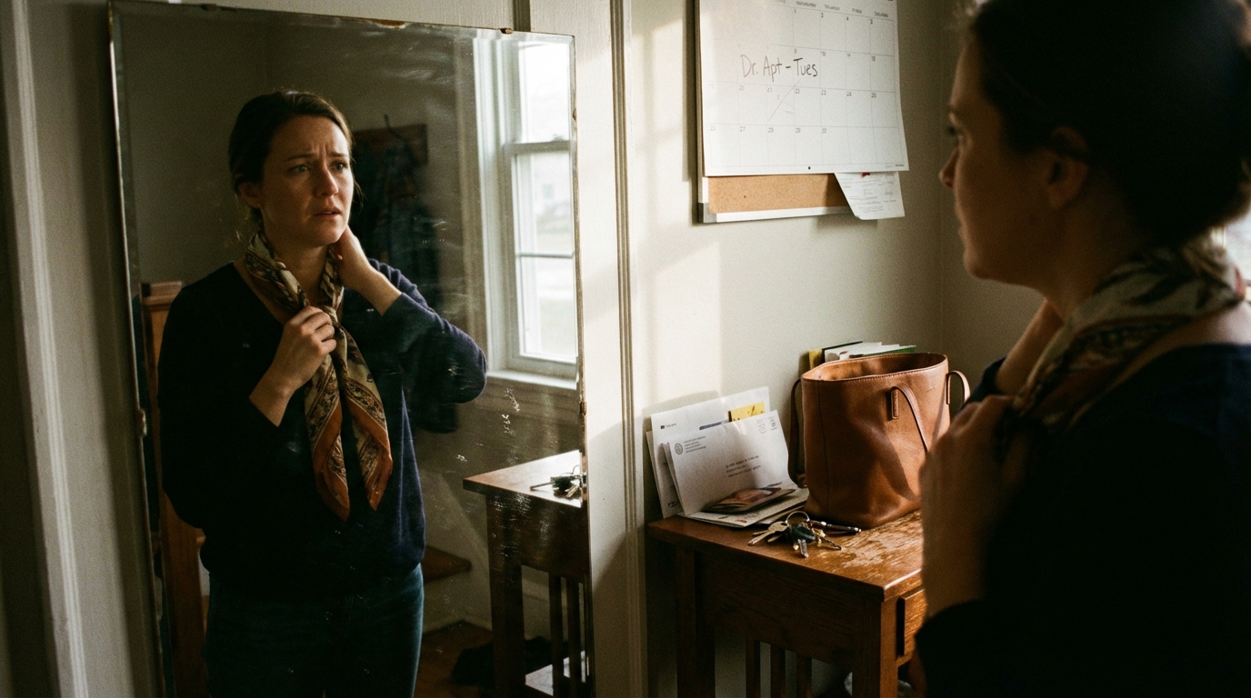 Woman pausing with hand at throat near door