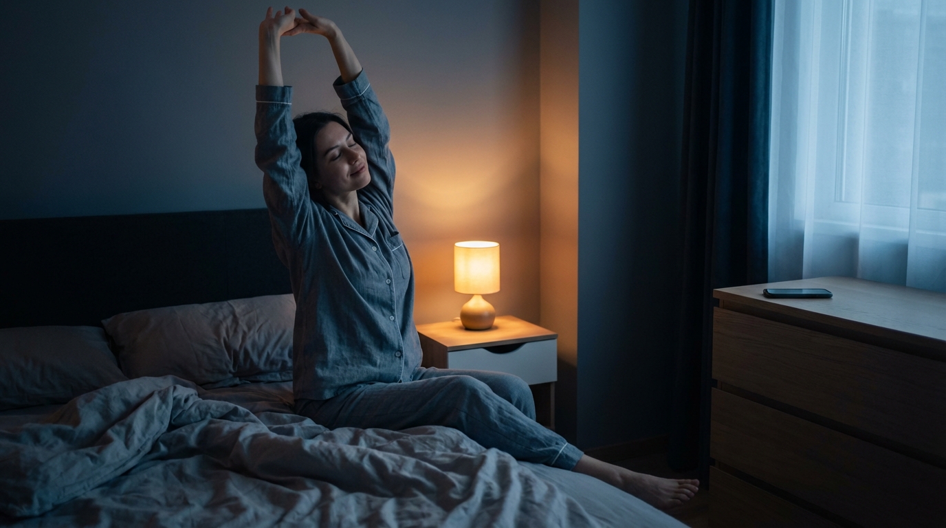 Woman stretching beside bed with phone placed far away