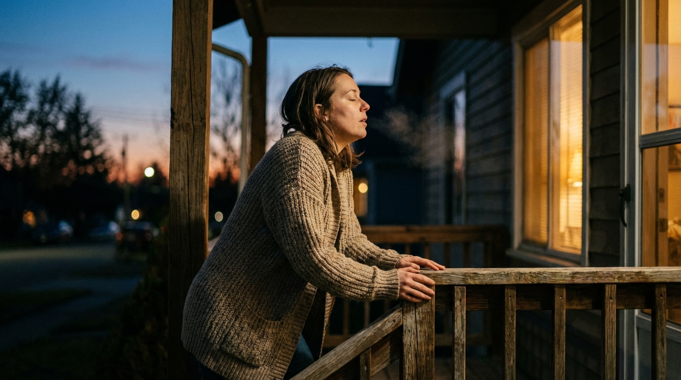 Woman outside at dusk taking a calming breath