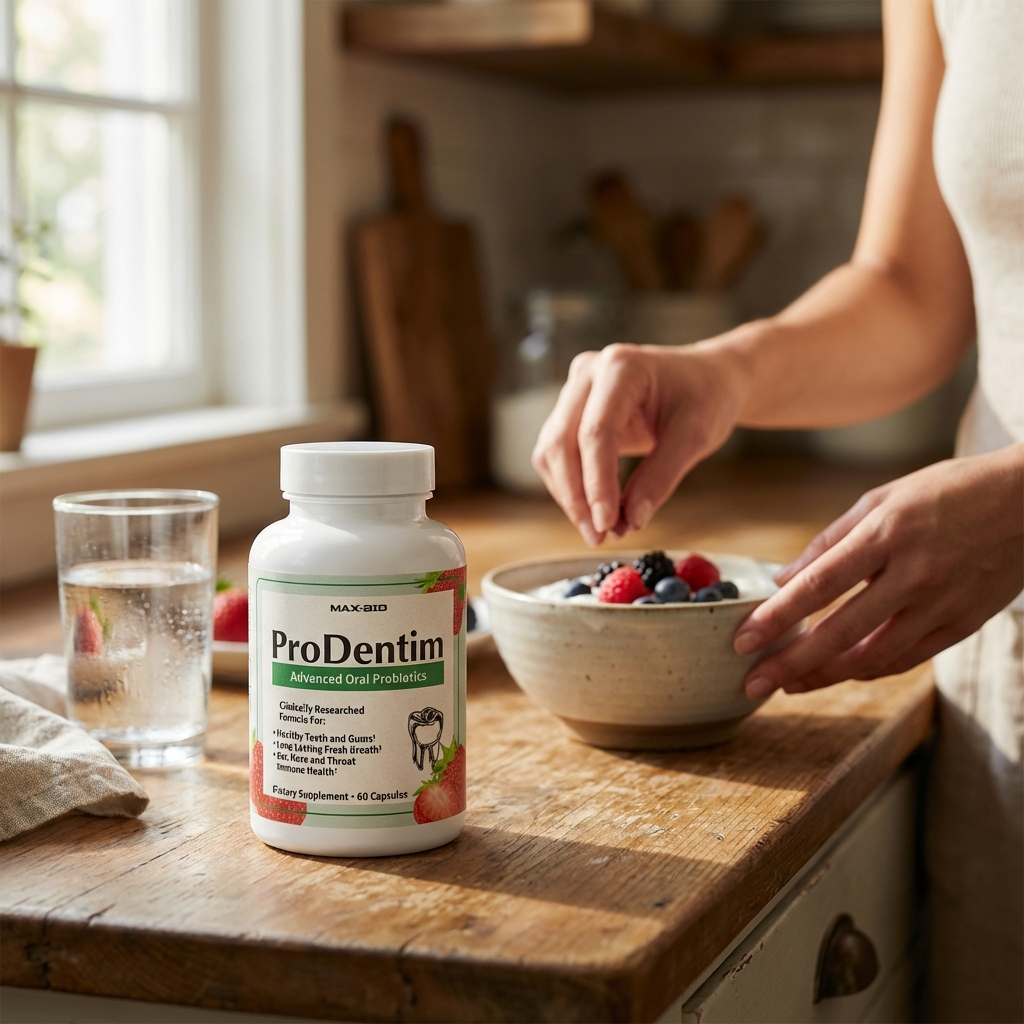 ProDentim chew on counter beside simple breakfast