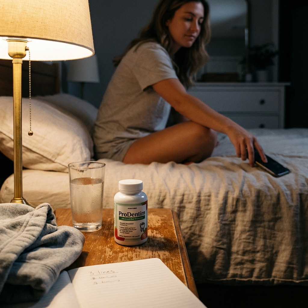 ProDentim container on a nightstand during a calm wind-down routine