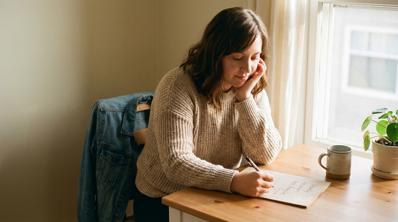 Woman writing a simple list in morning light