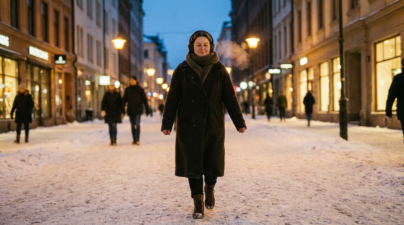 Woman walking calmly outside in winter with headphones