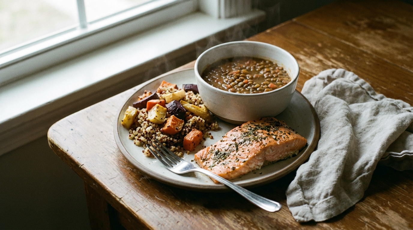 A balanced meal on a table in soft daylight