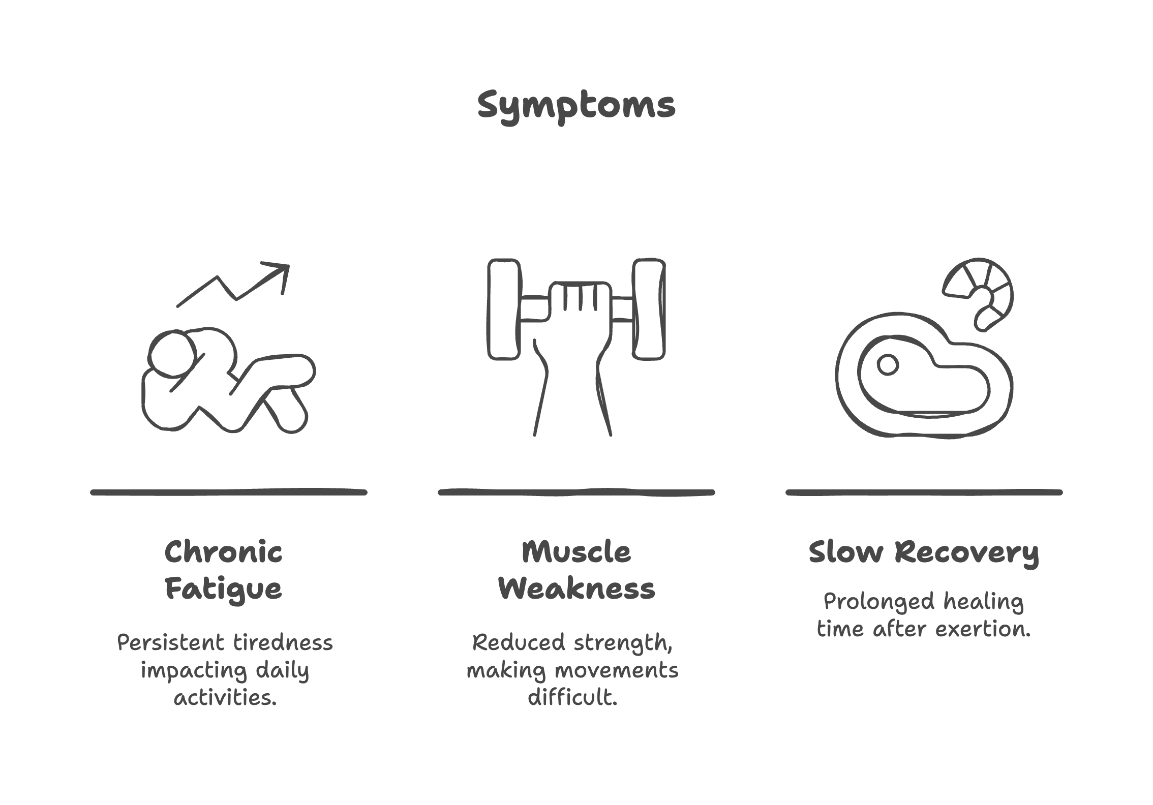 Infographic of symptoms: chronic fatigue, muscle weakness, and slow recovery.