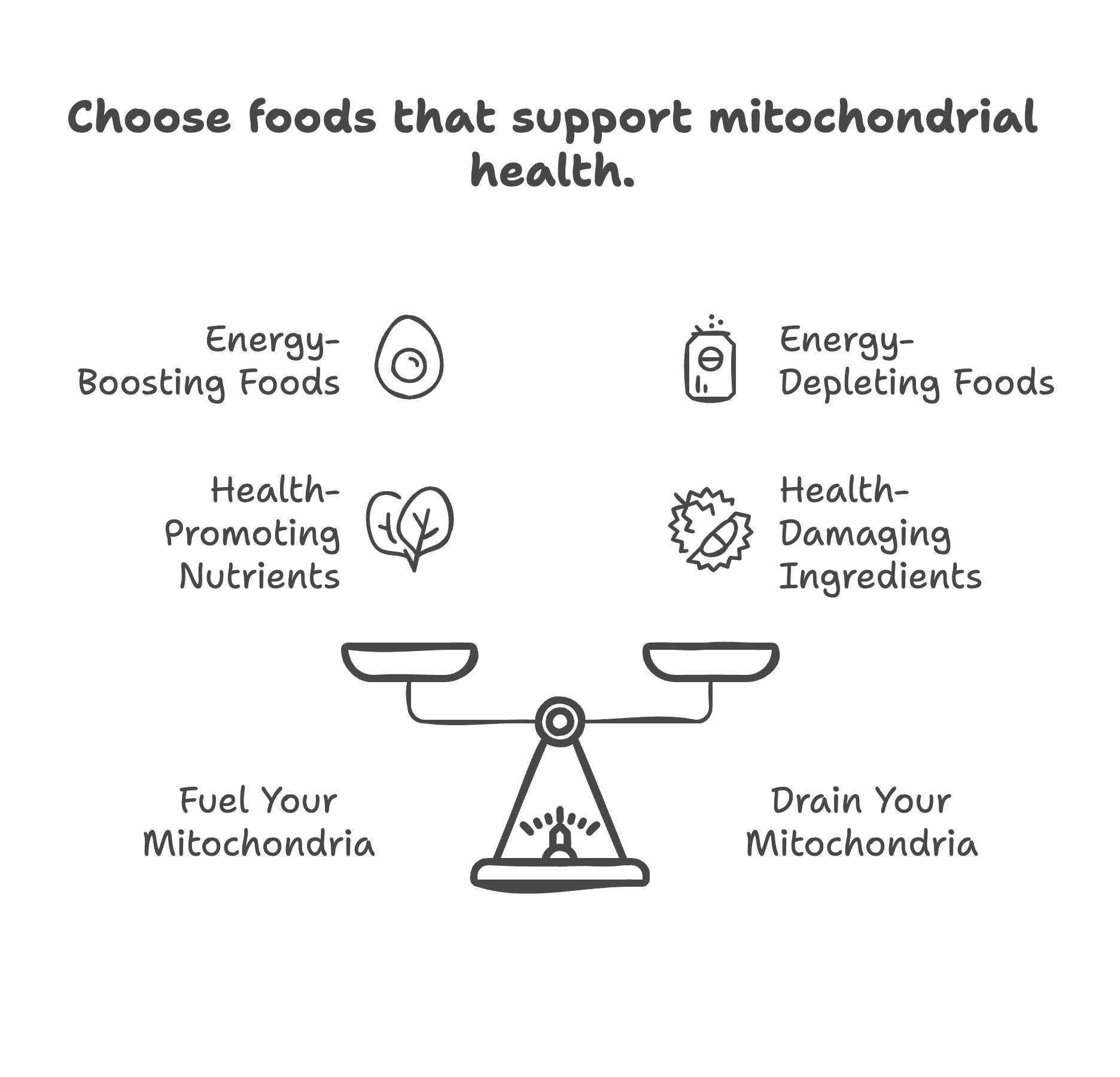 Comparison chart of foods that support or hinder mitochondrial health.