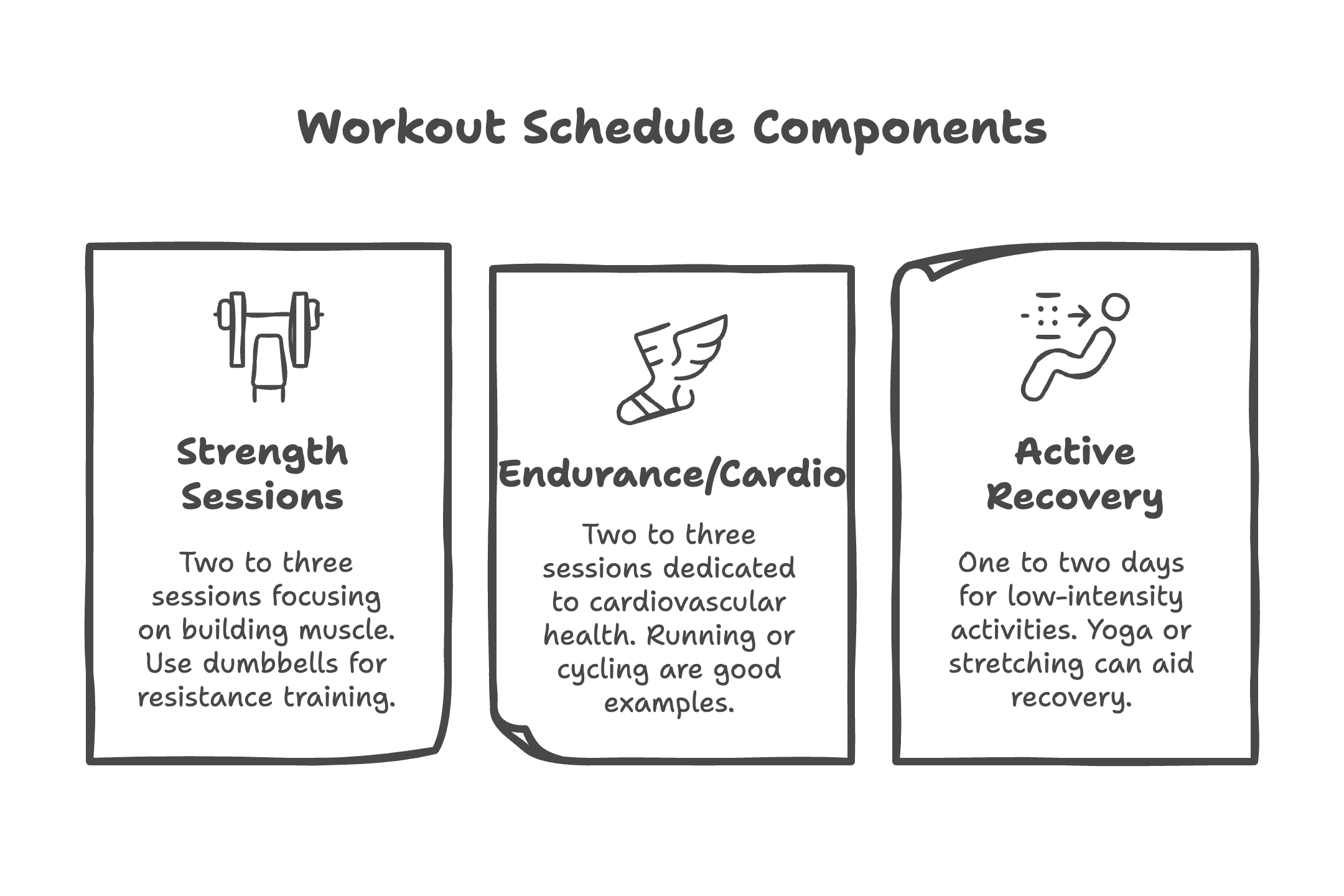 Weekly workout planner showing strength, cardio, and recovery balance.
