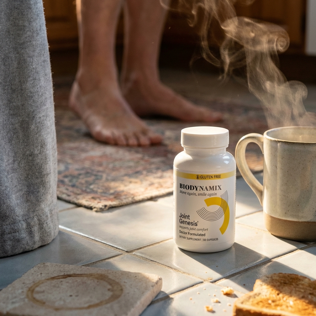 Joint Genesis bottle in warm morning light while bare feet shift on cool tile