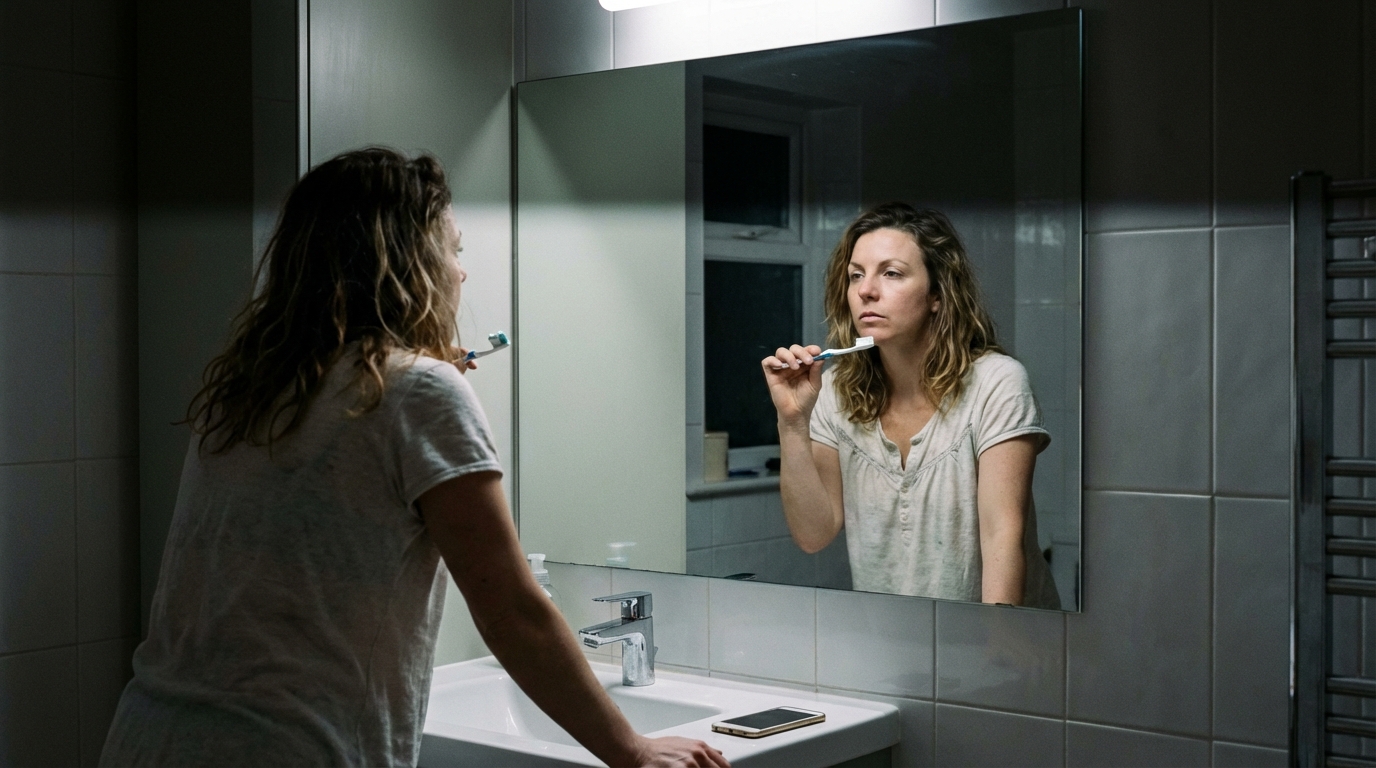 Woman paused in bathroom mirror looking drained