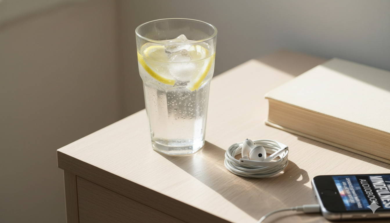 Bedside lemon water and earbuds ready for a short listen
