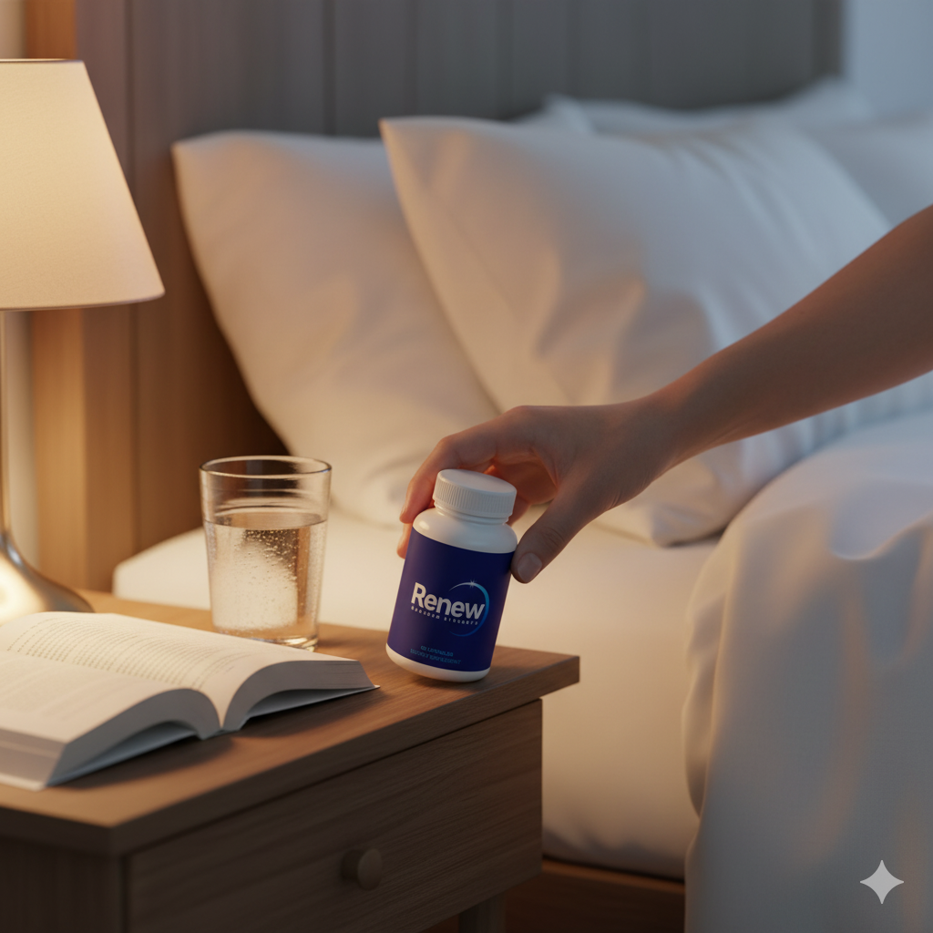Renew on a nightstand beside water and a book (evening sleep support)