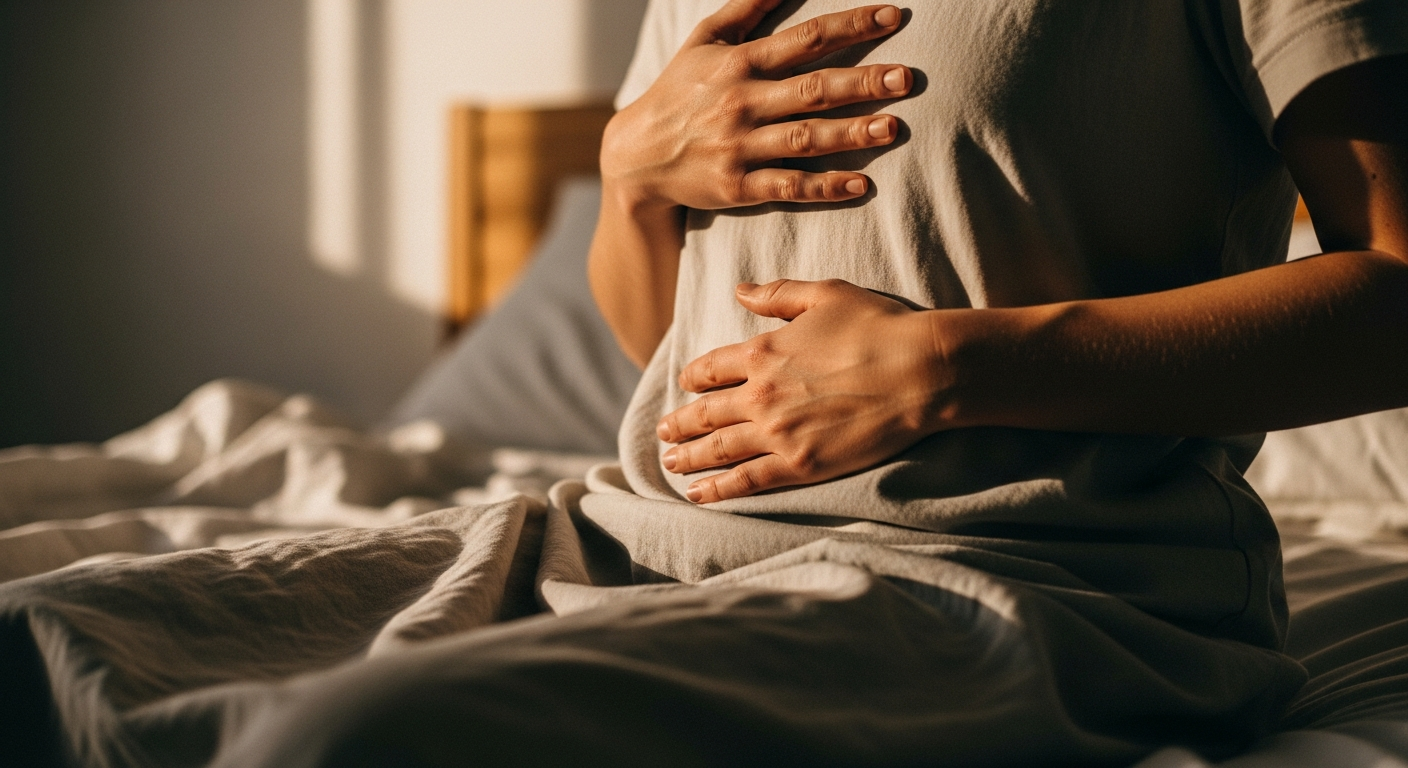 Hands on heart and belly in morning light
