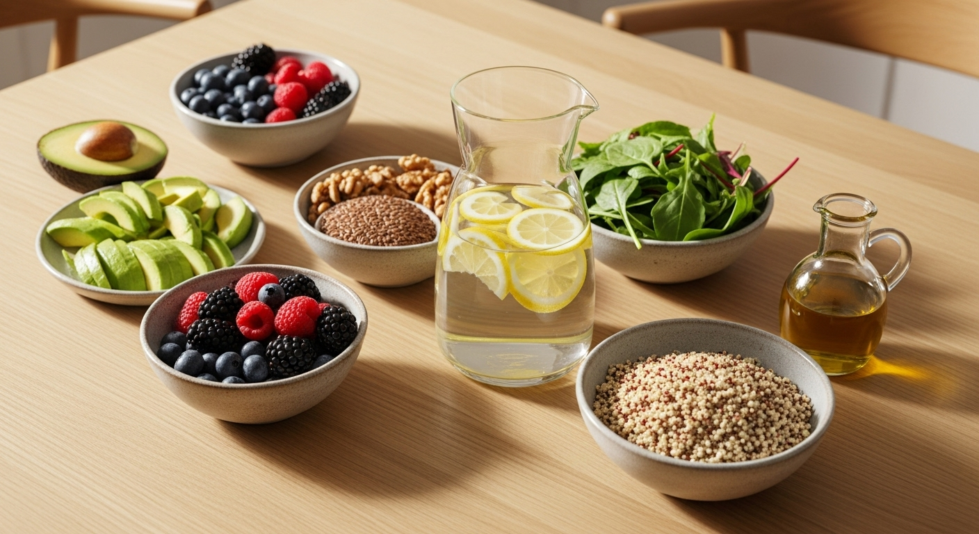 Whole foods that steady energy—hydration, protein, fiber, fats—for a diet for brain fog.