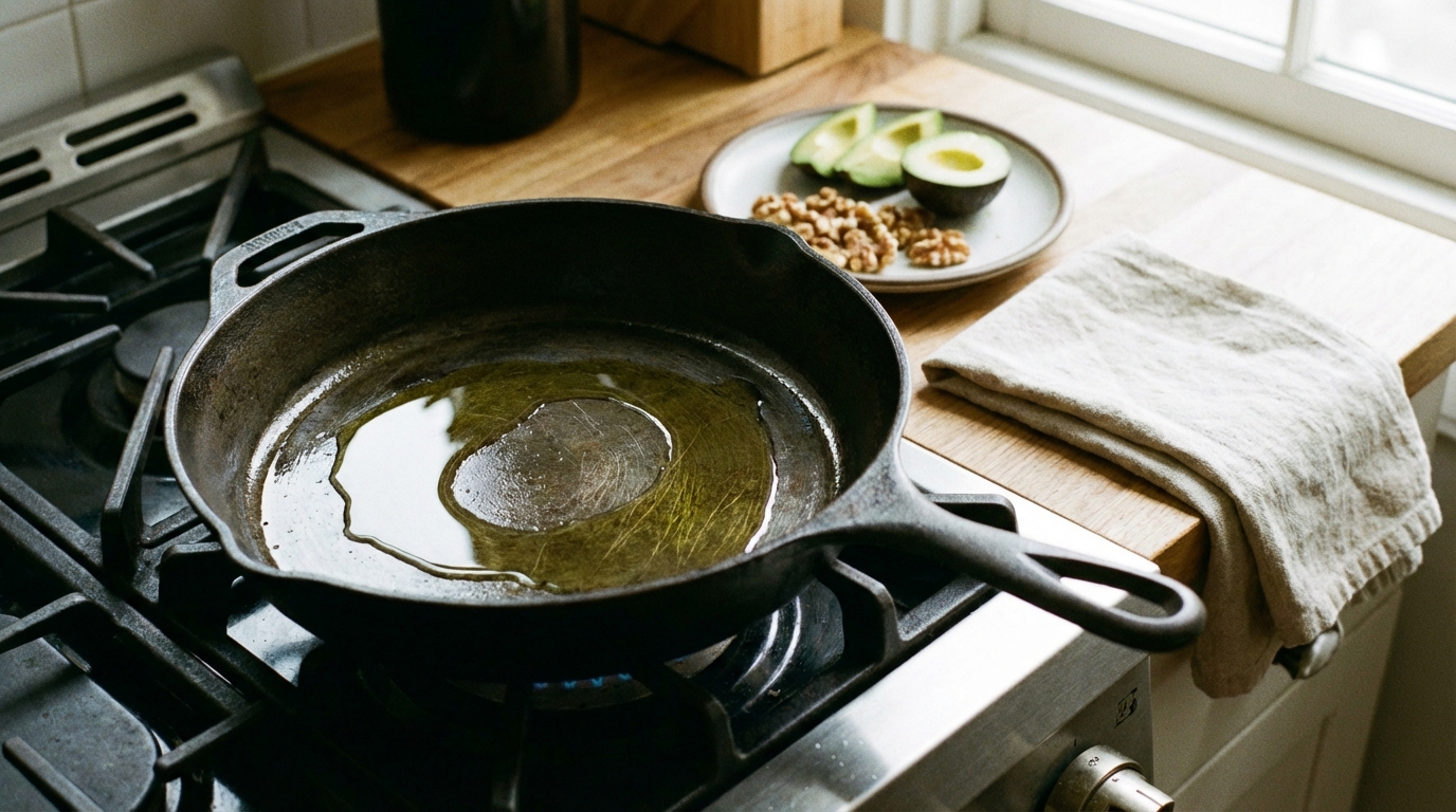 Olive oil and whole-food fats staged as everyday cooking materials