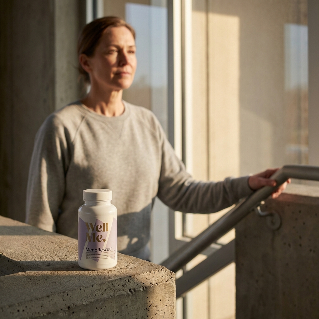 MenoRescue supplement bottle on stair ledge in morning light