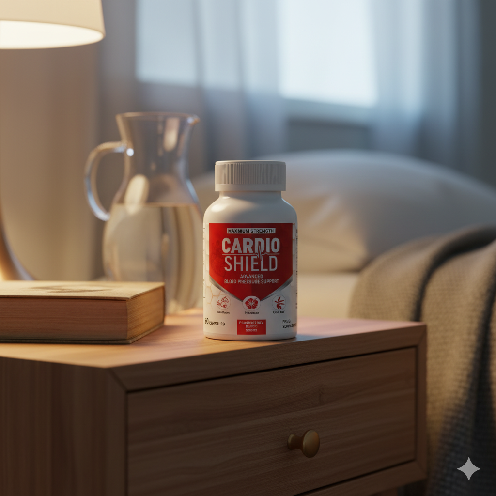 Cardio Shield on nightstand under warm light