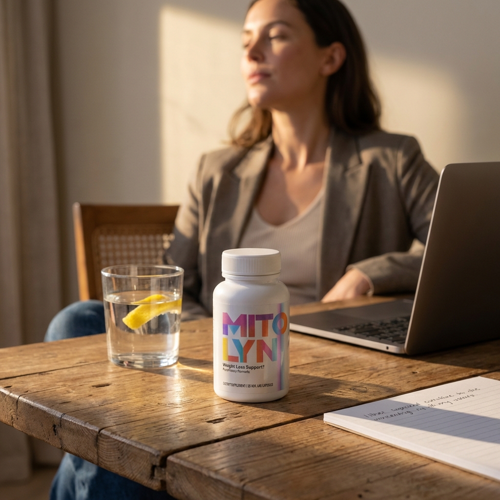 Mitolyn bottle on meeting table with calm afternoon light