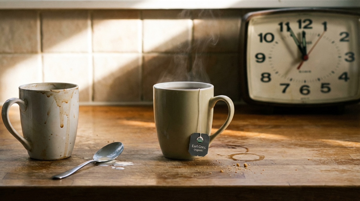 Tea mug on a counter replacing afternoon coffee