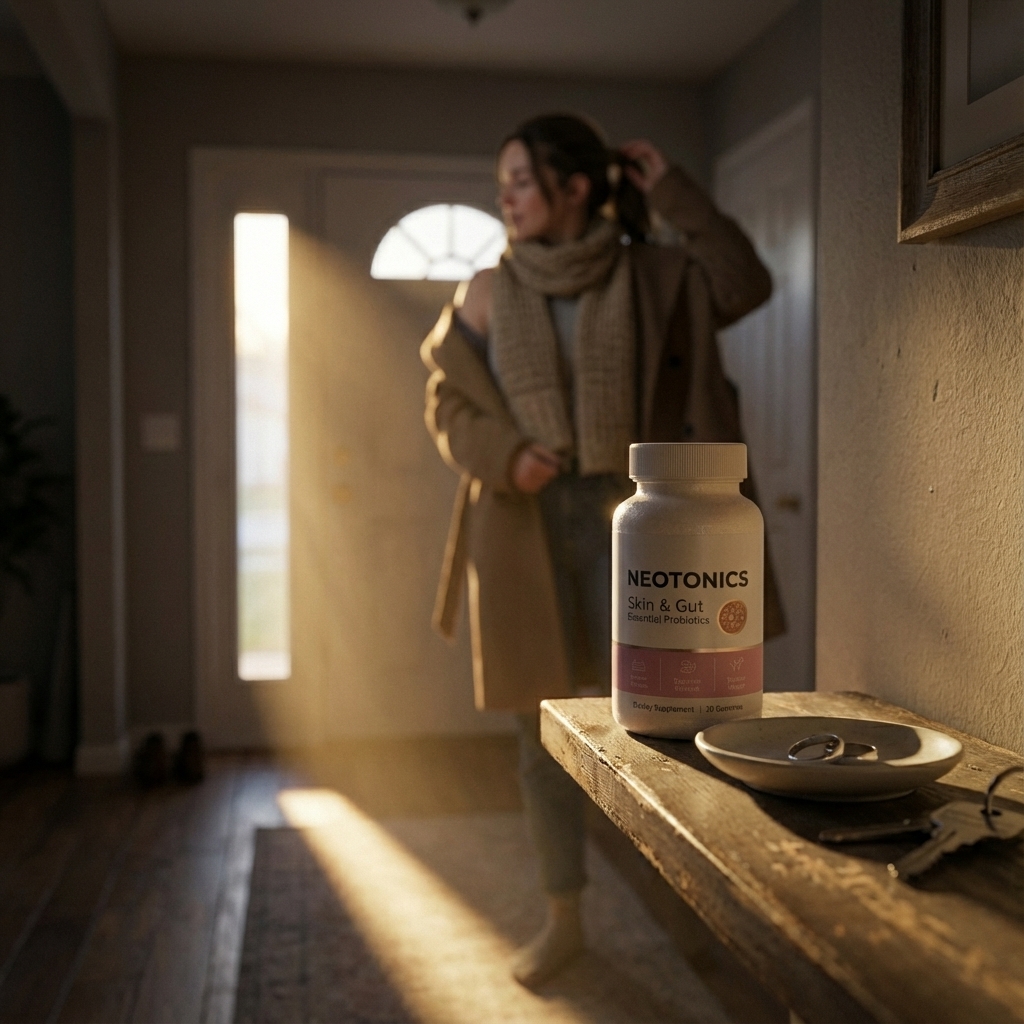 Neotonics bottle in focus on entryway shelf during an end of day reset