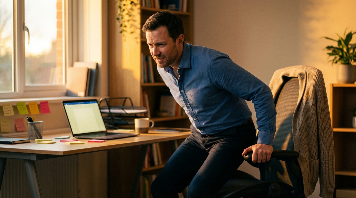 Man standing from office chair with a bracing expression in warm light