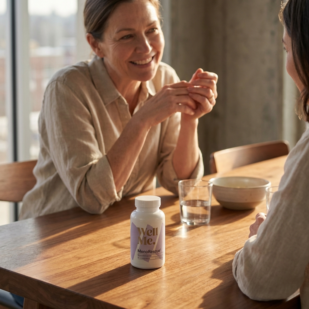 MenoRescue supplement on dining table in warm afternoon light