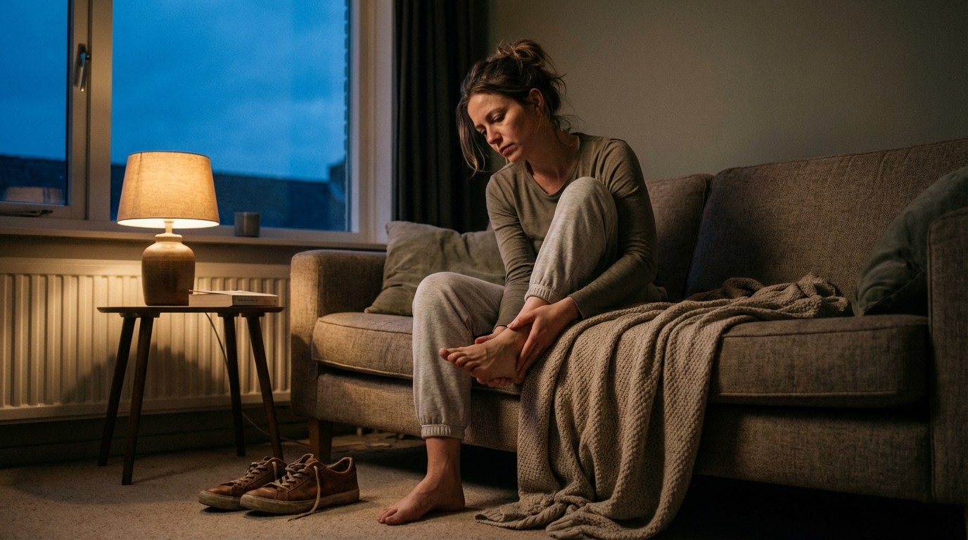 Woman pausing on couch gently stretching ankle