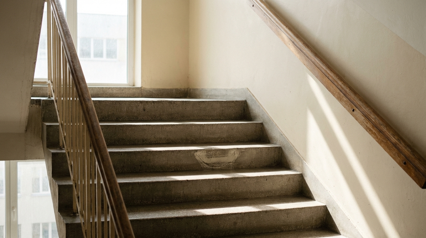 Sunlit stairs with long shadows and subtle wear