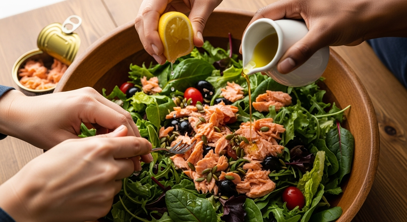 Hands assemble a fat-first lunch to practice good fats vs bad fats for steady focus.