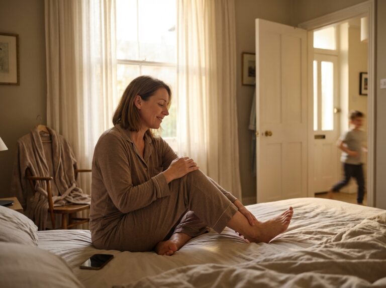 Woman sitting on bed in morning light gently moving her ankles with a calm relieved expression