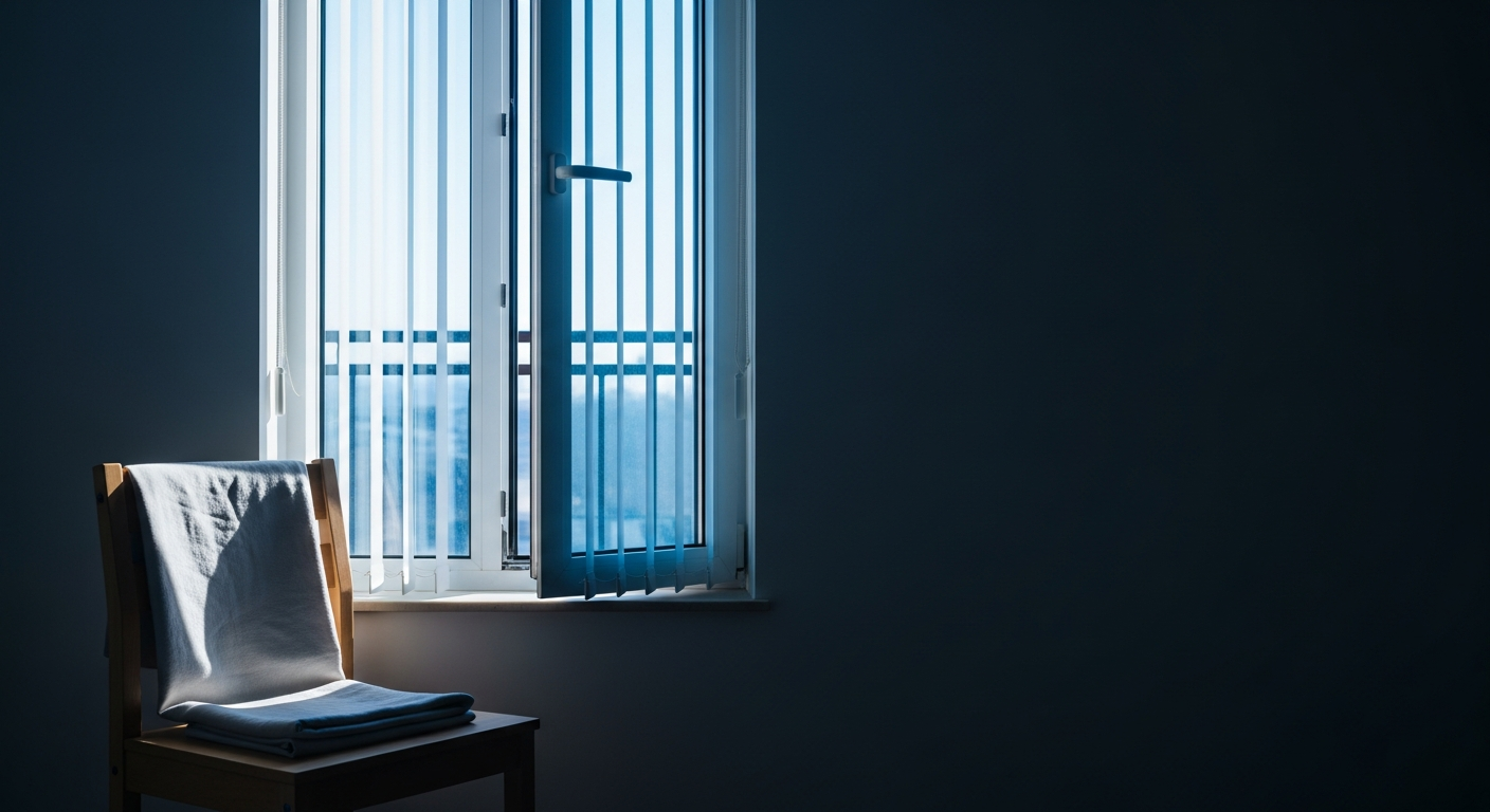 First light through blinds on a folded linen