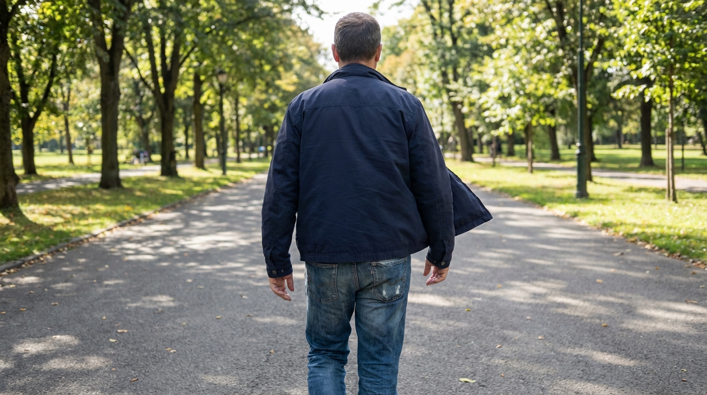 Man walking a park path with relaxed posture