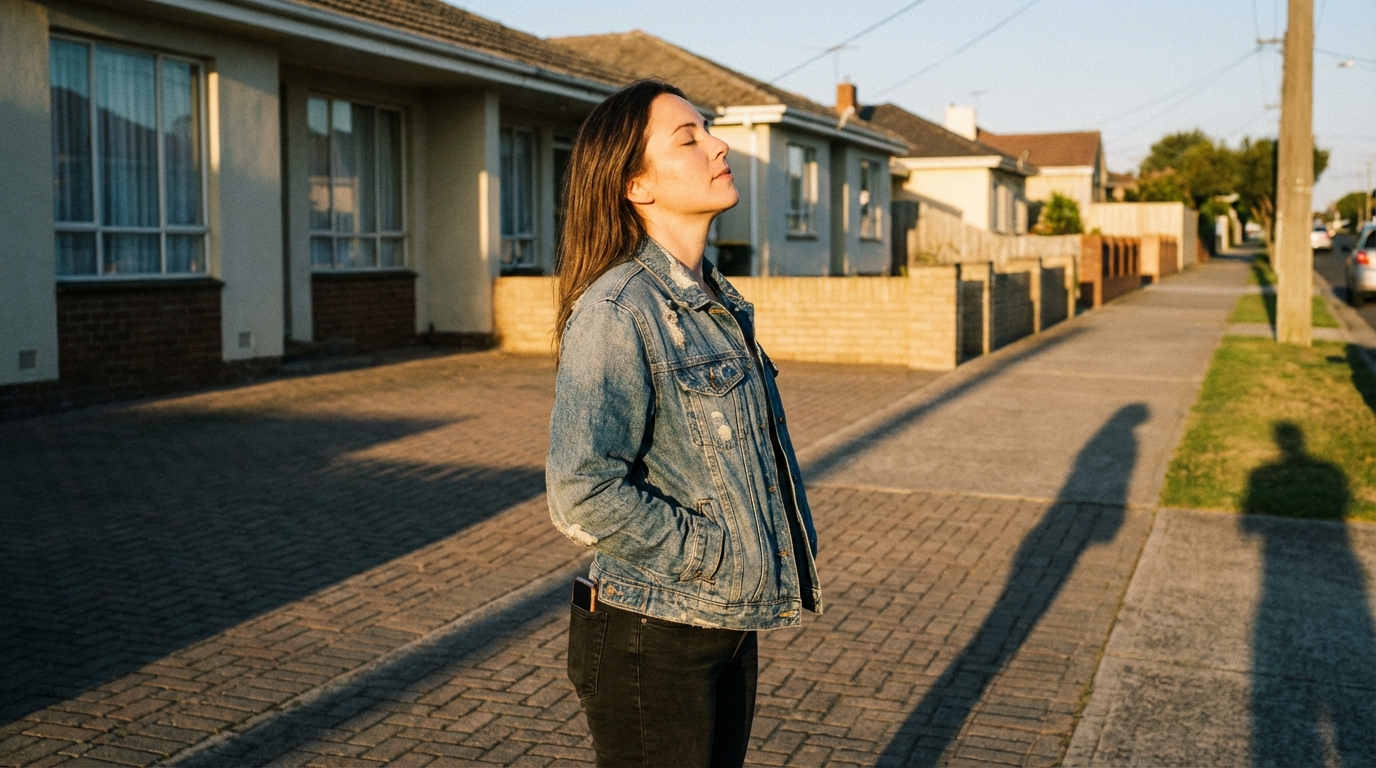 Woman taking a short calm walk in late afternoon light