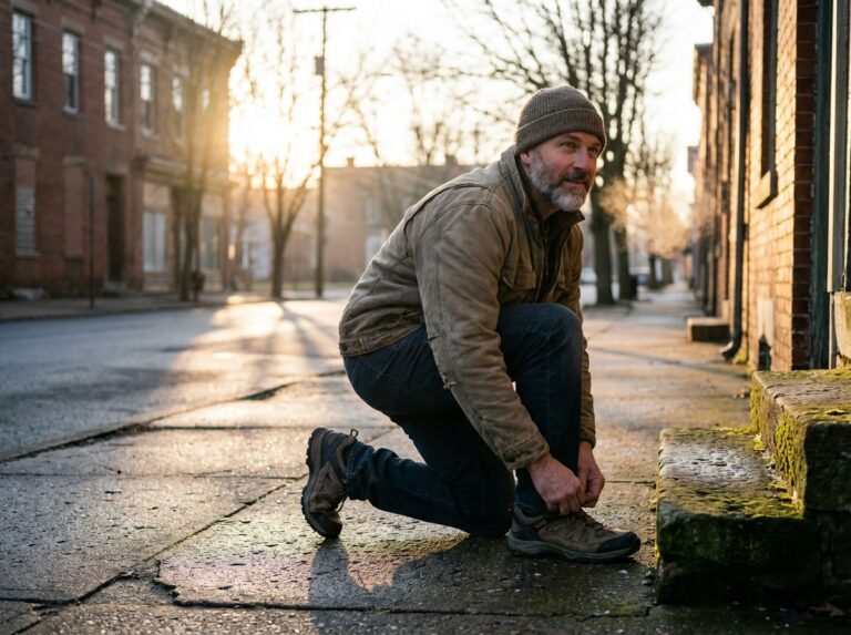 Mid-40s man lacing shoes at sunrise before a walk