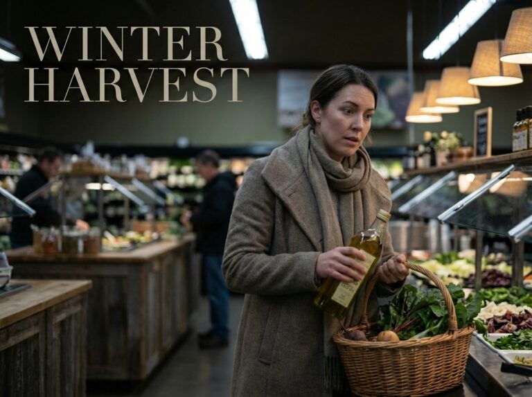 Woman holding olive oil bottle in winter grocery aisle looking quietly relieved