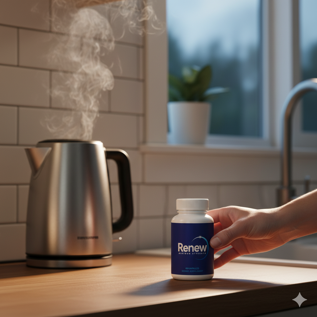 Hand placing Renew by a steaming kettle at dusk (evening sleep support)