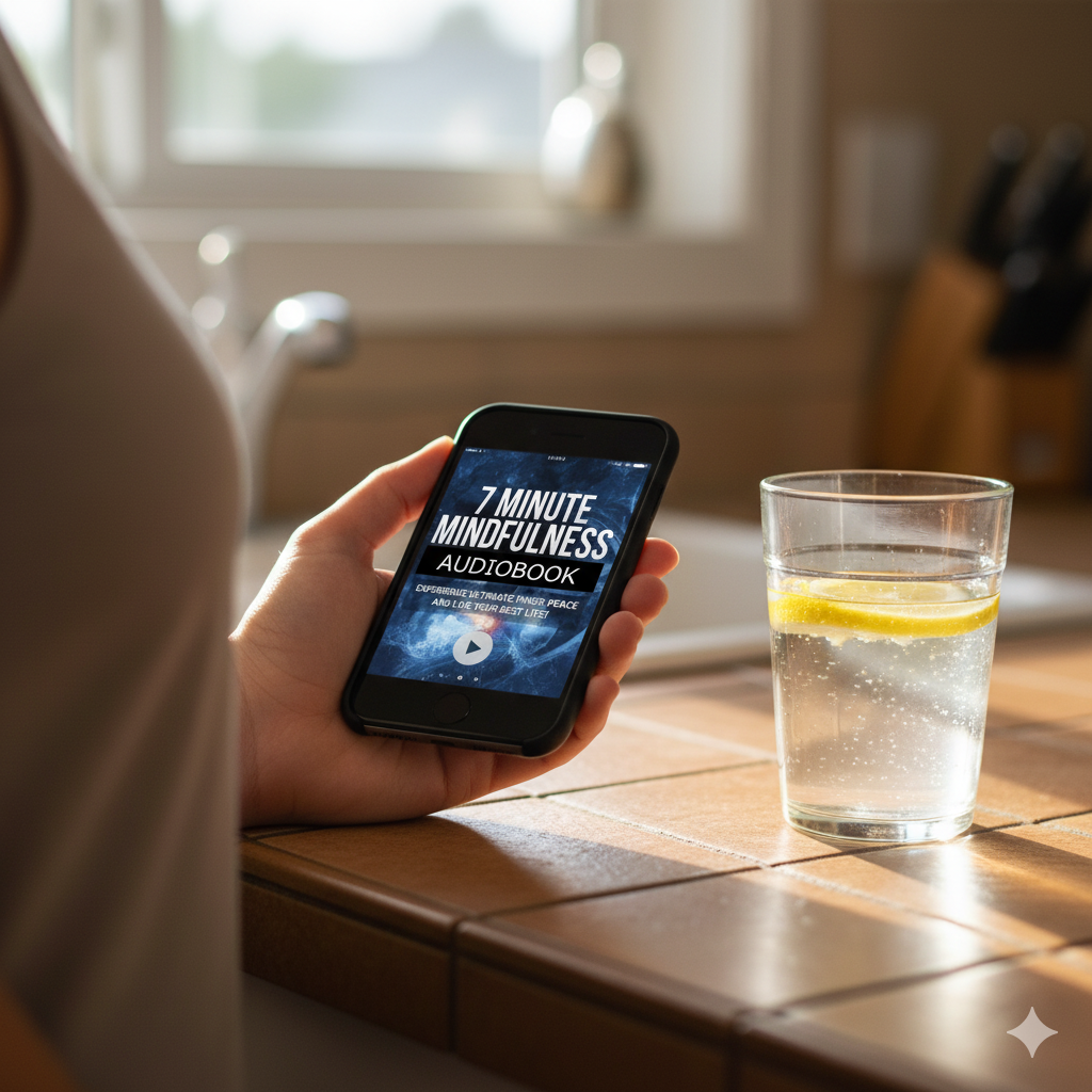 Hand holding phone with a seven-minute mindfulness track beside lemon water